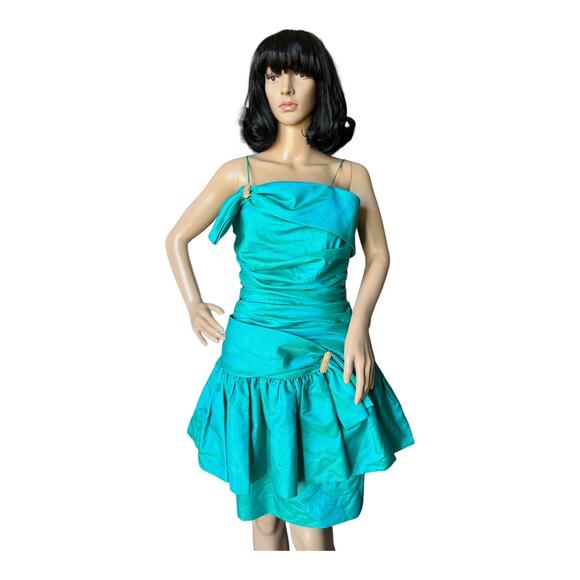 1980s Darcy Teal Iridescent Ruffled Prom Dress – Gold Accents, ILGWU small - Picture 3 of 14